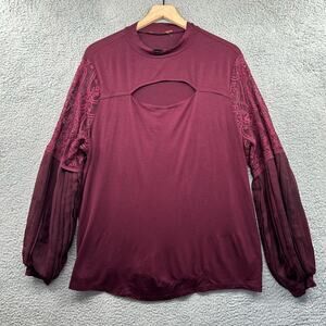 BELLDINI Romantic Top Womens 2X Pleated Balloon Sleeves Lace Cut Out Poet